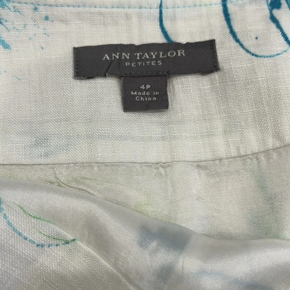 Ann Taylor | 100% Linen Floral Pencil Skirt | White‎ & Blue | Petite Size 4 (4P)